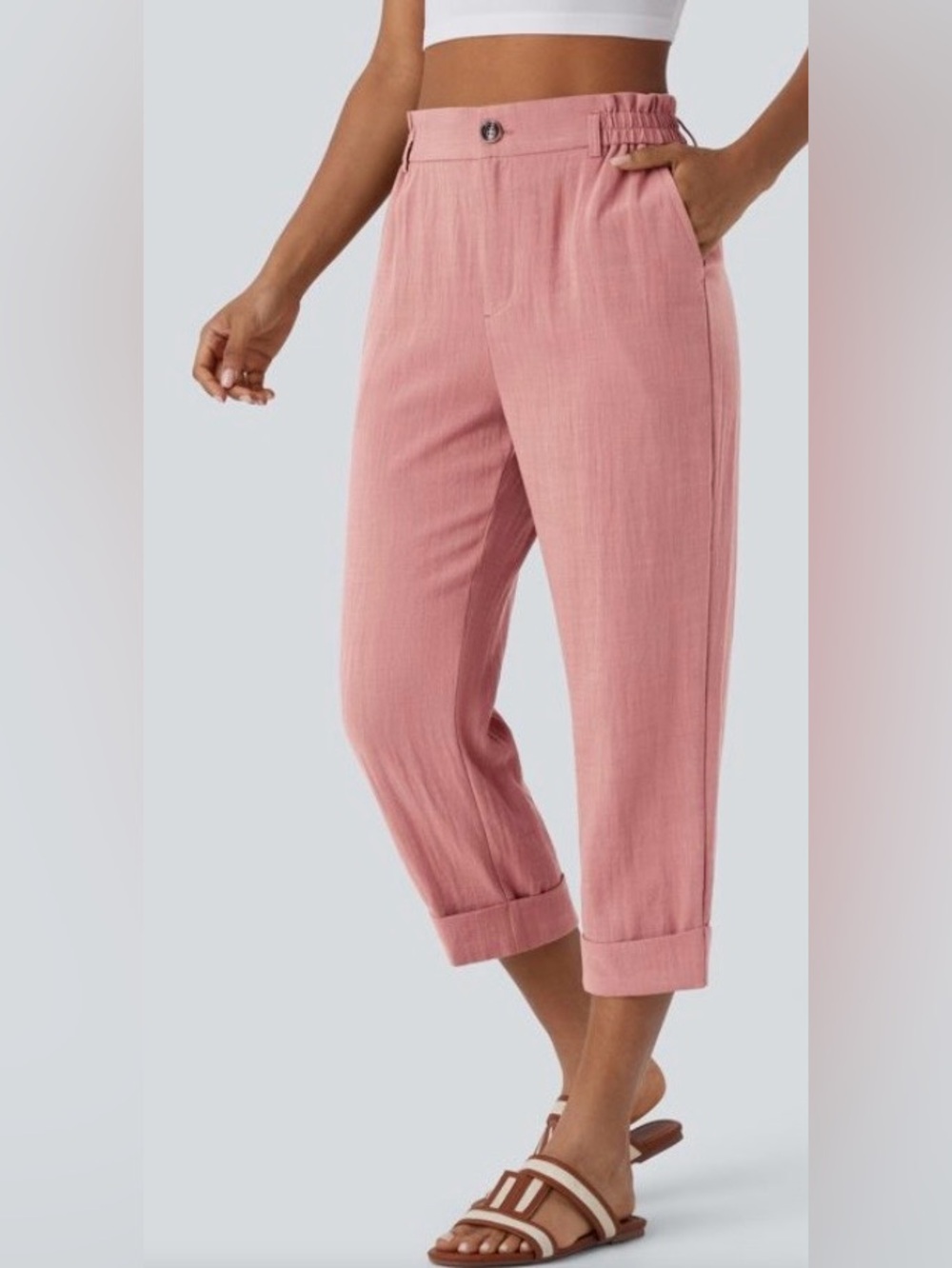 XLARGE. HALARA HIGH WAISTED ZIPPER LINEN FEEL CROPPED PANTS
